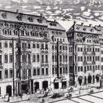 Katharinenstraße 16, 14 and 12, engraving by Johann George Schreiber in 1720. Number 14, the house in the middle, is Café Zimmermann, home of the musical ensemble Collegium Musicum, which Bach led from 1729 to 1741.