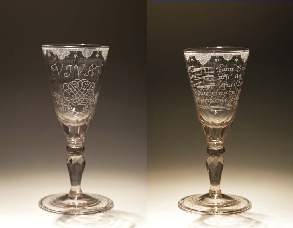 On display in the Bachhaus in Eisenach is the Bach Goblet, one of very few undoubtedly authentic household items left from Bach's possessions. It is a Bohemian-Saxon work from around 1735. In the front, there is a VIVAT with a double (mirrored) monogram of the letters JSB underneath. The ends of the letters terminate in points. In total, there are 14 of these points – the Bach number, since B+A+C+H = 2+1+3+8 = 14 according to baroque numerology. In the back, there is a dedication poem that includes the name of Bach both in letters and in (German) musical notation. It is still an unsolved riddle who may have been the donor of the goblet, and on what occasion Bach received it.