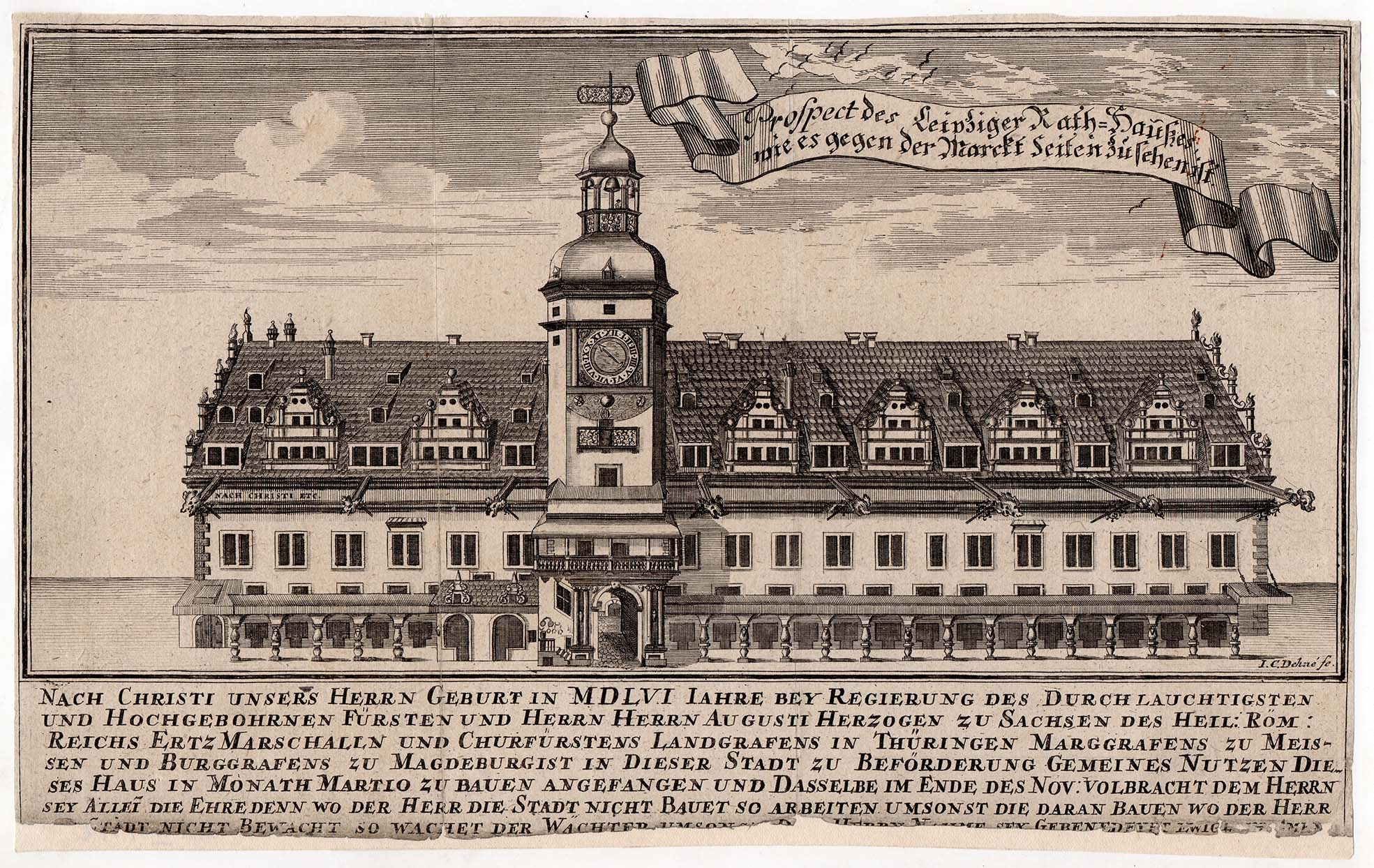 Etching of the Altes Rathaus (Old Town Hall) in Leipzig from 1672.