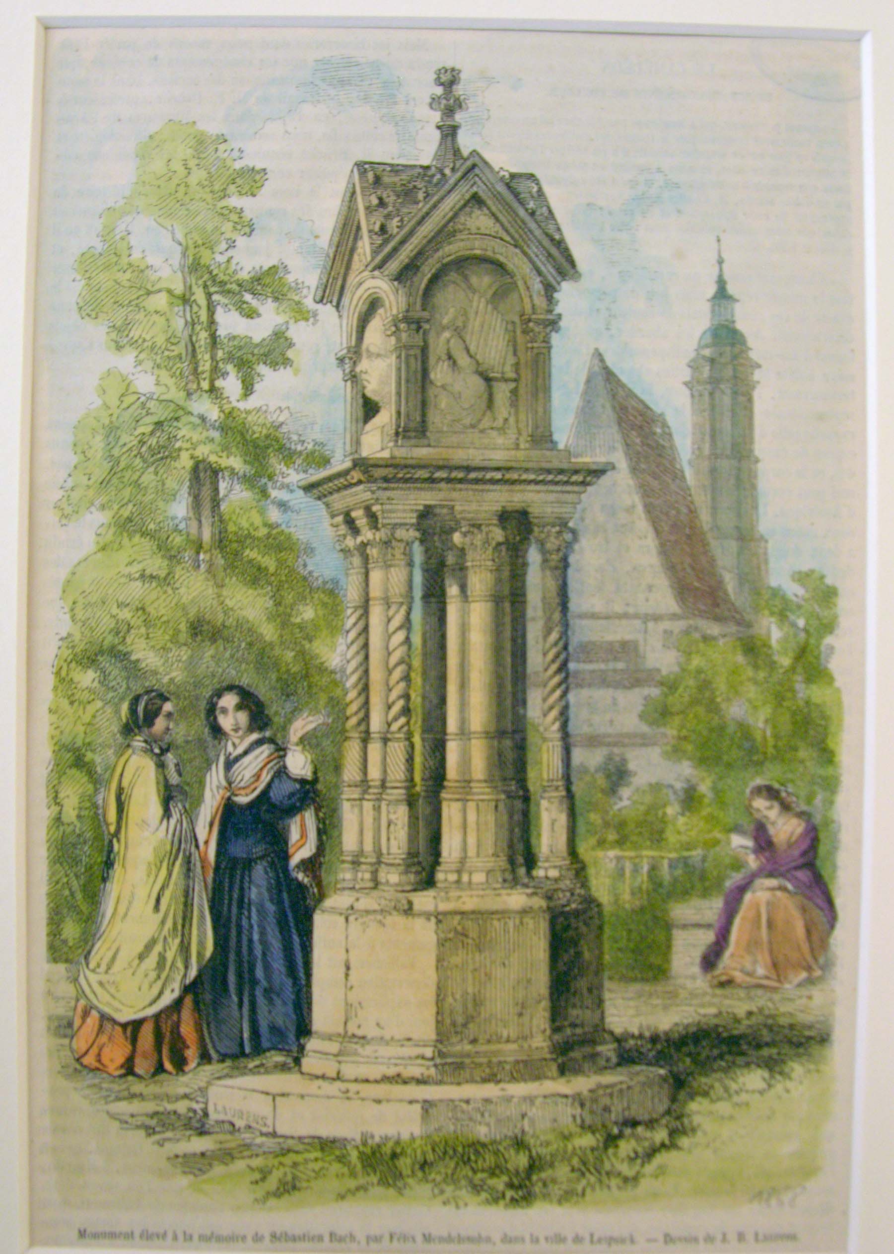 Woodcarving print based on an aquarel by Eduard Bendemann (1850) of the monument for Bach in Leipzig, erected by Felix Mendelssohn in 1843. It may very well be the only example of a monument erected by a composer to honour another.