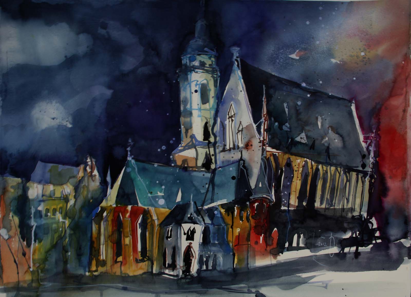 The Thomaskirche in Leipzig, water colour painting by Christian Gödert, a German artist born 1961.
